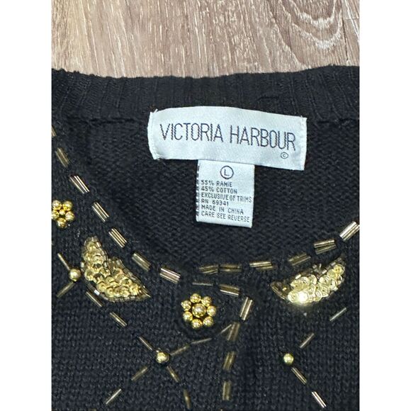 Victoria Harbour black gold embellished sequin beaded holiday sweater L - Picture 9 of 9